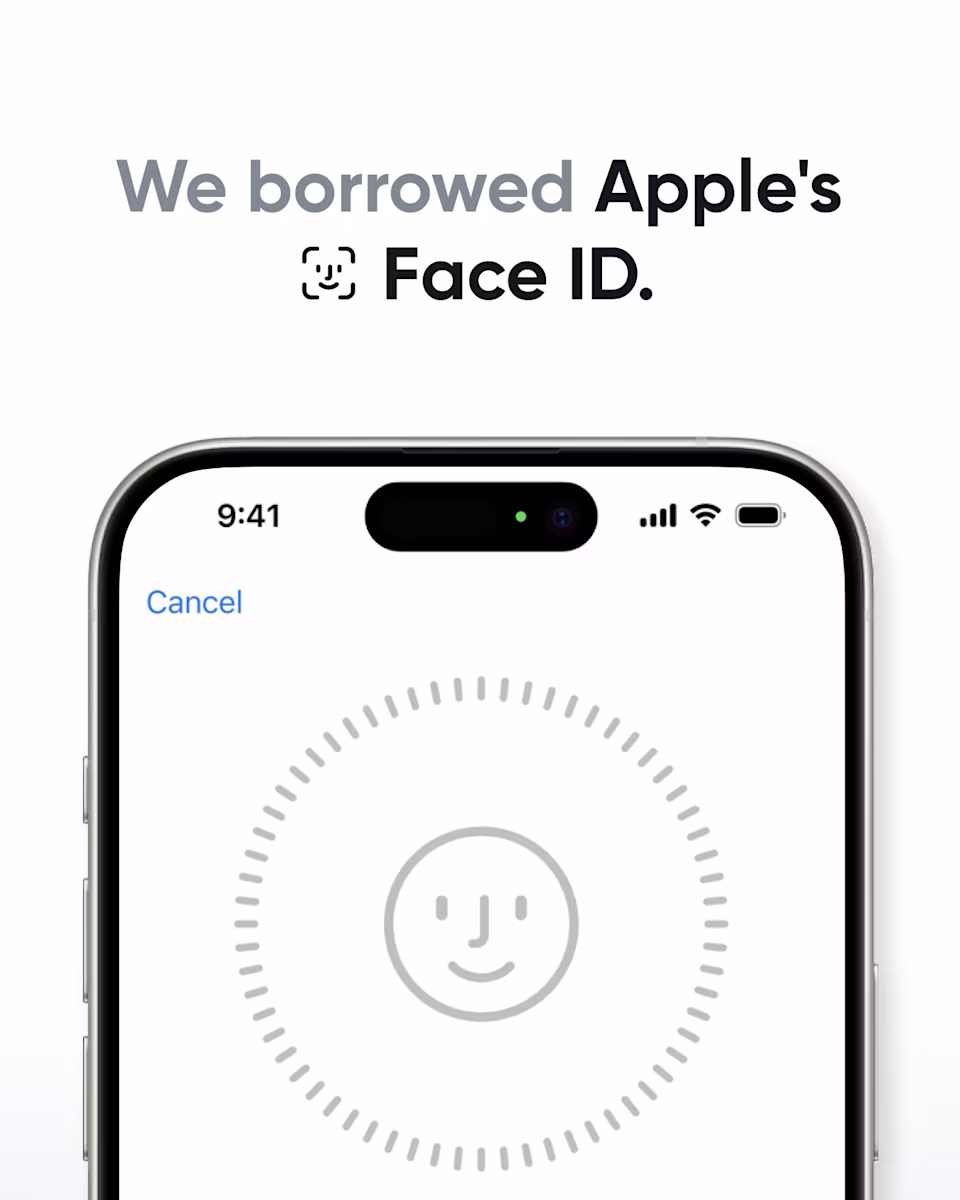 Title slide: “We borrowed Apple’s Face ID,” with an iPhone showing a Face ID style circular scan.