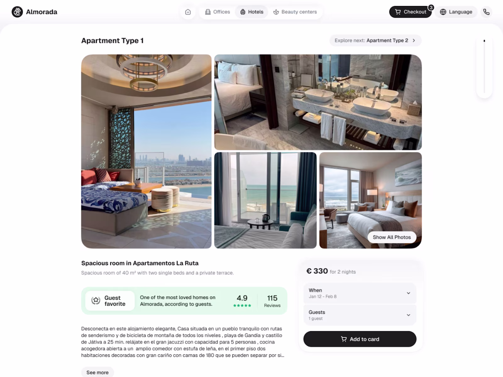 Almorada apartment detail page with photo gallery, rating and booking panel.