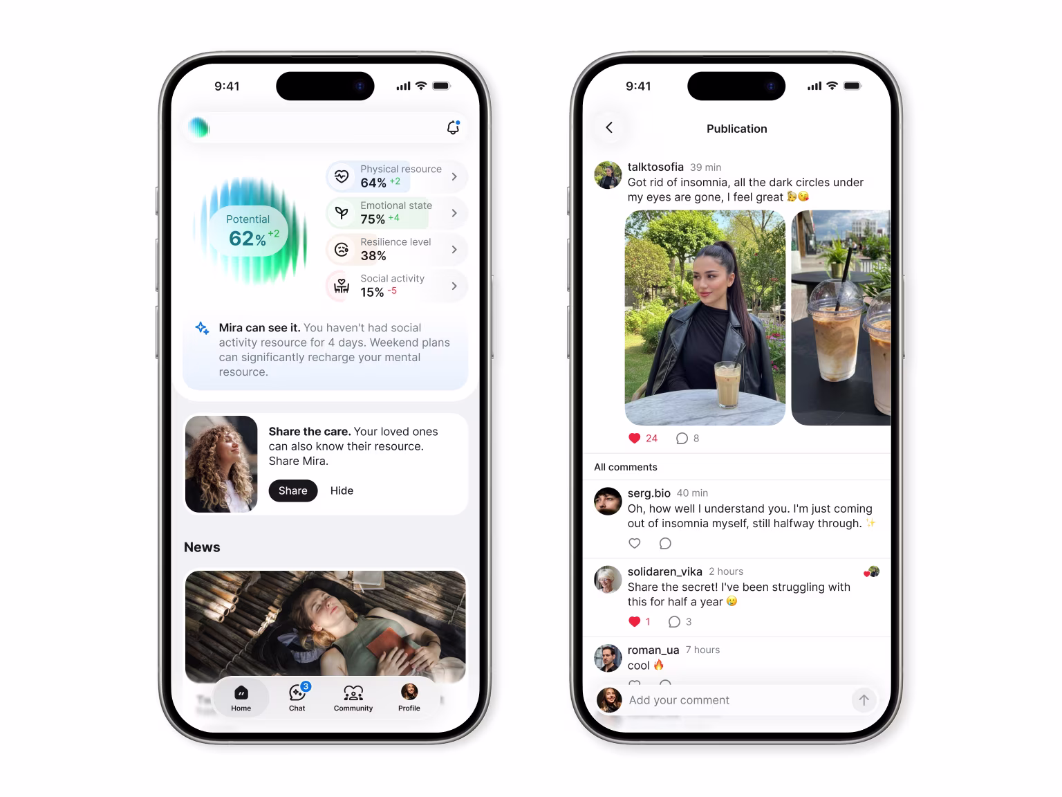 The Mira Mental Health Battery beside the peer support feed with reactions and comments.