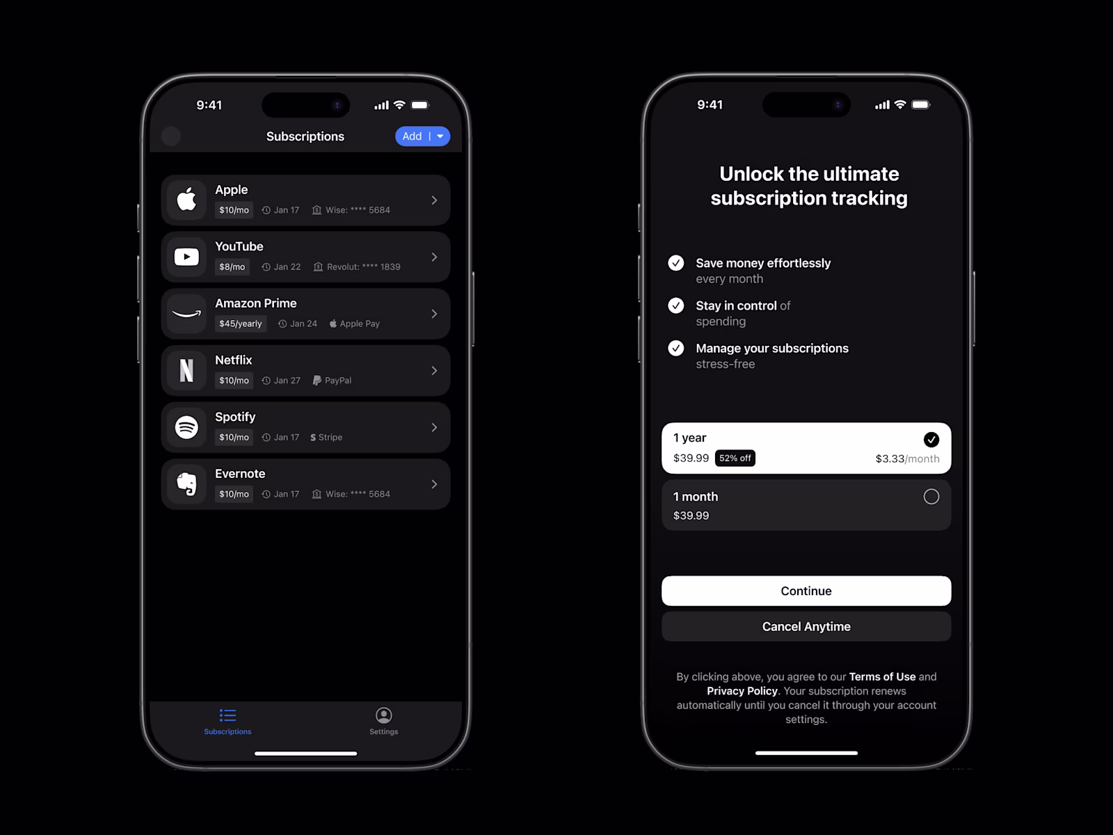 The Fynk subscriptions list beside the premium paywall with annual and monthly plans.