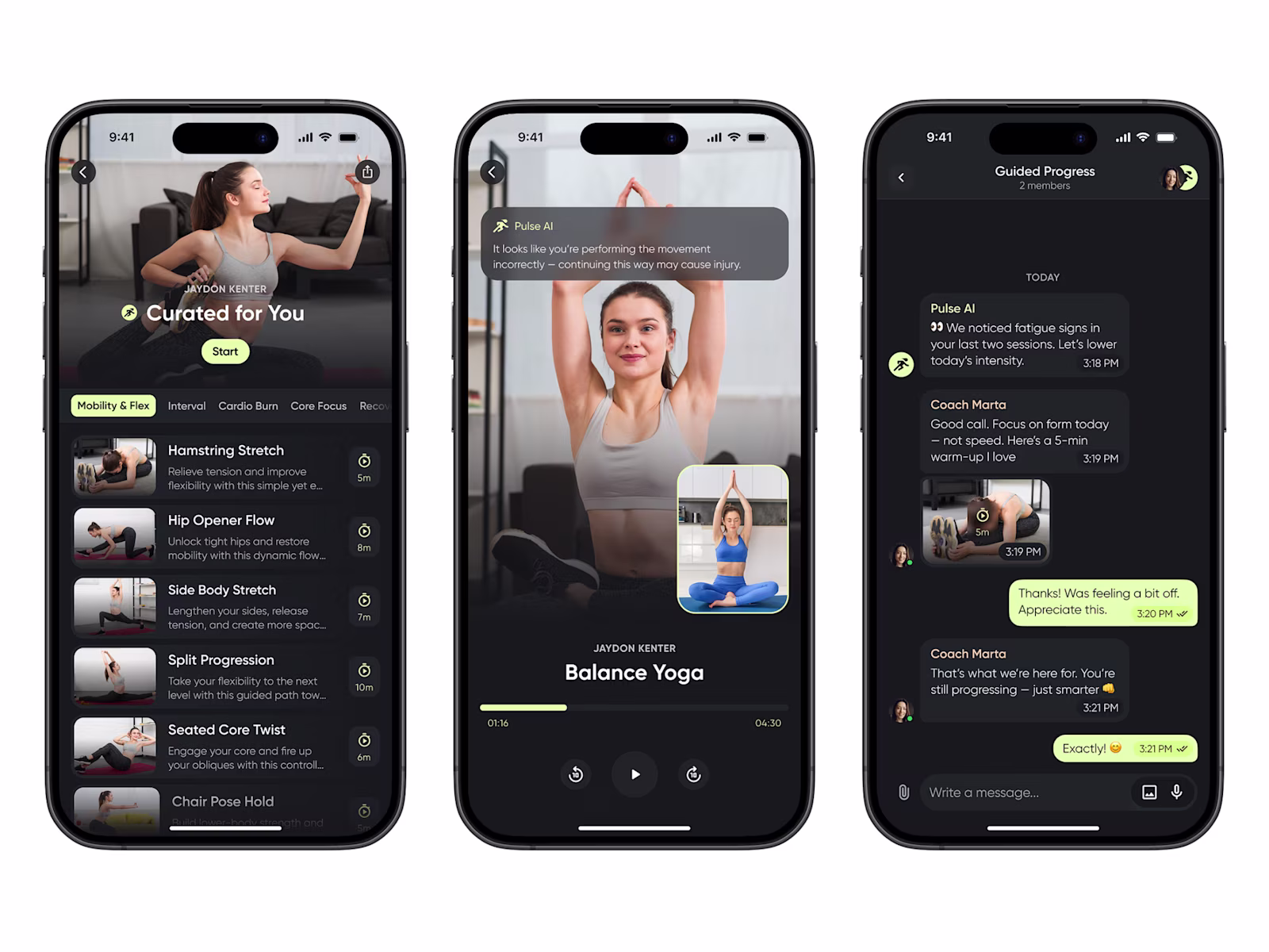 Pulse across three screens — the curated plan, a video session and the coach chat.