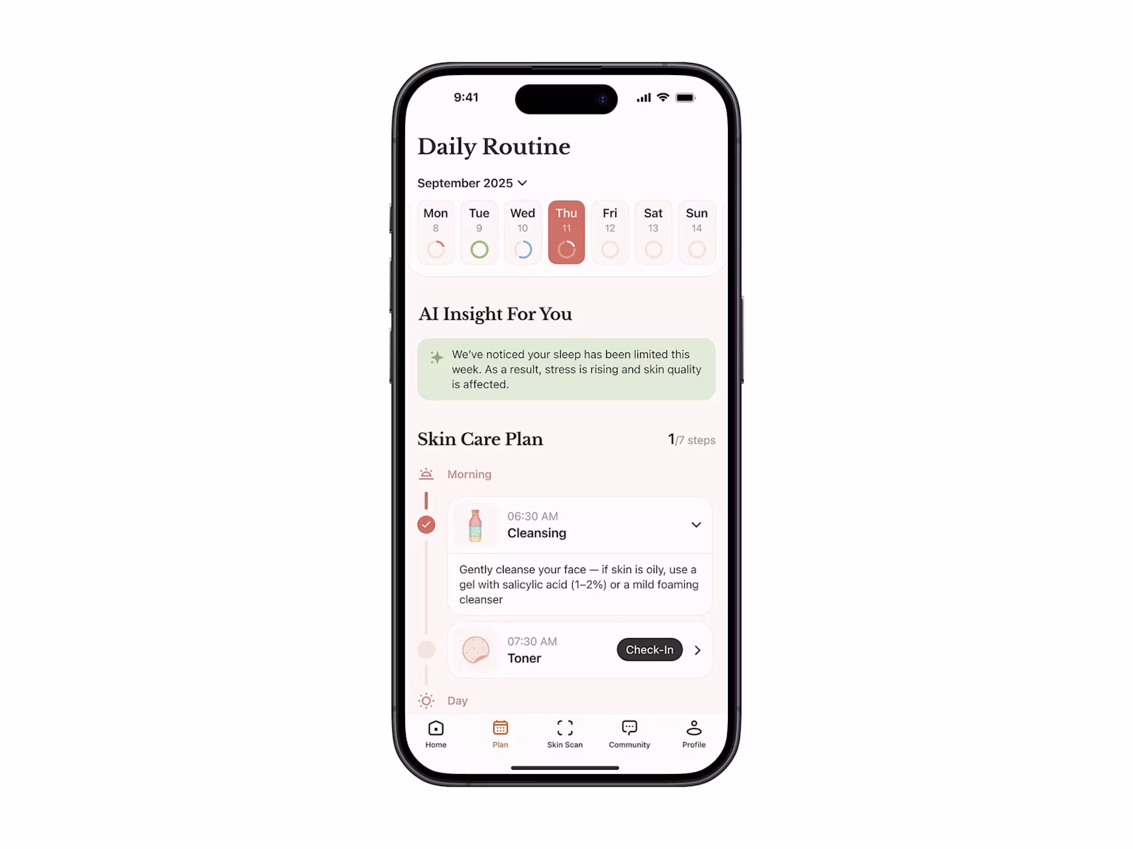The AI Skin daily routine calendar with a personalised AI insight.