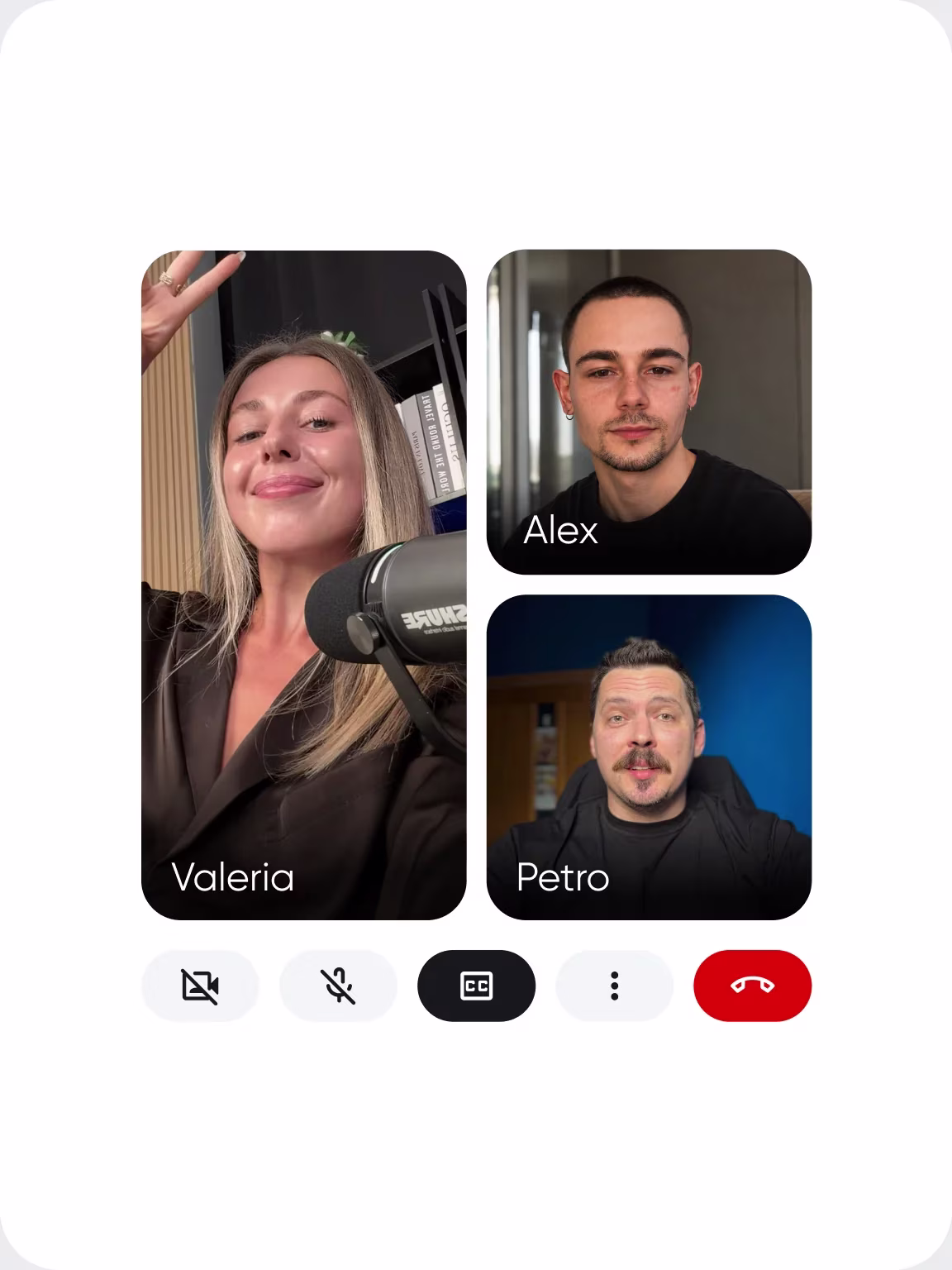 A video call with three Reliqio teammates on screen and the call controls below