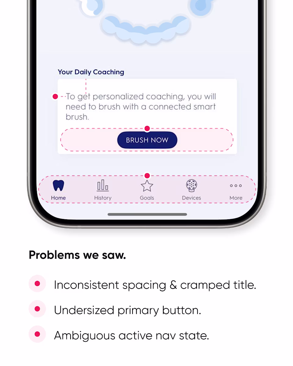 Home page problems: inconsistent spacing and a cramped title, an undersized primary button, and an ambiguous active navigation state.