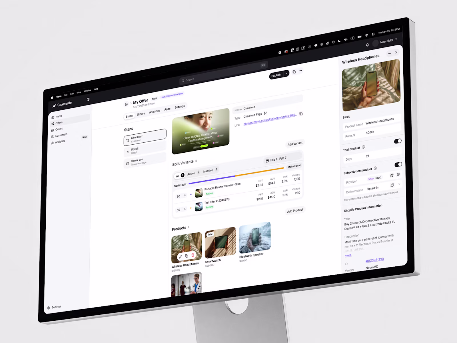 The Scaleside offer editor on a desktop monitor: checkout steps, split variants and products