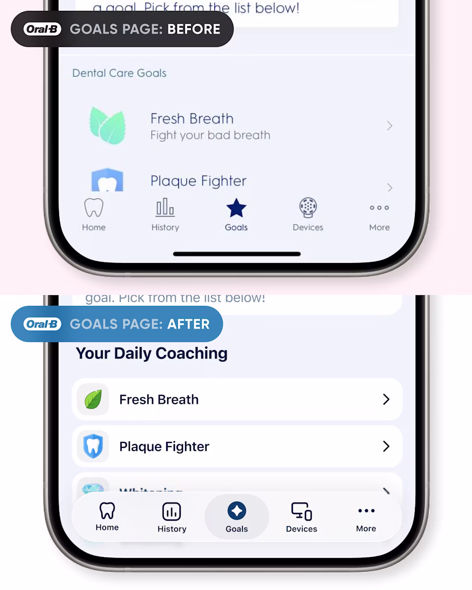 Oral-B goals page before and after: the dental care goals list, and the redesigned Your Daily Coaching list.