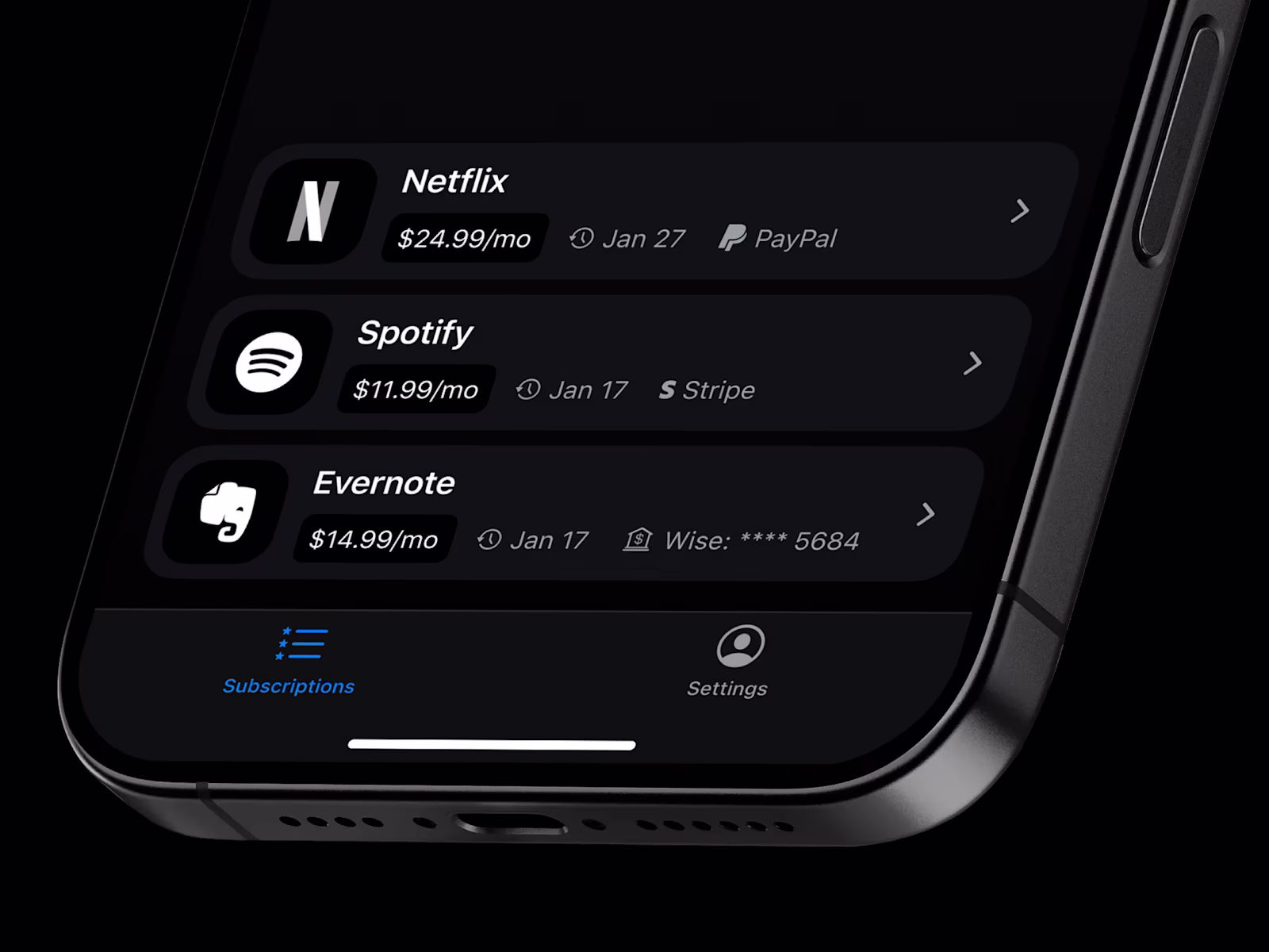 Fynk subscription rows for Netflix, Spotify and Evernote with monthly costs and renewal dates.