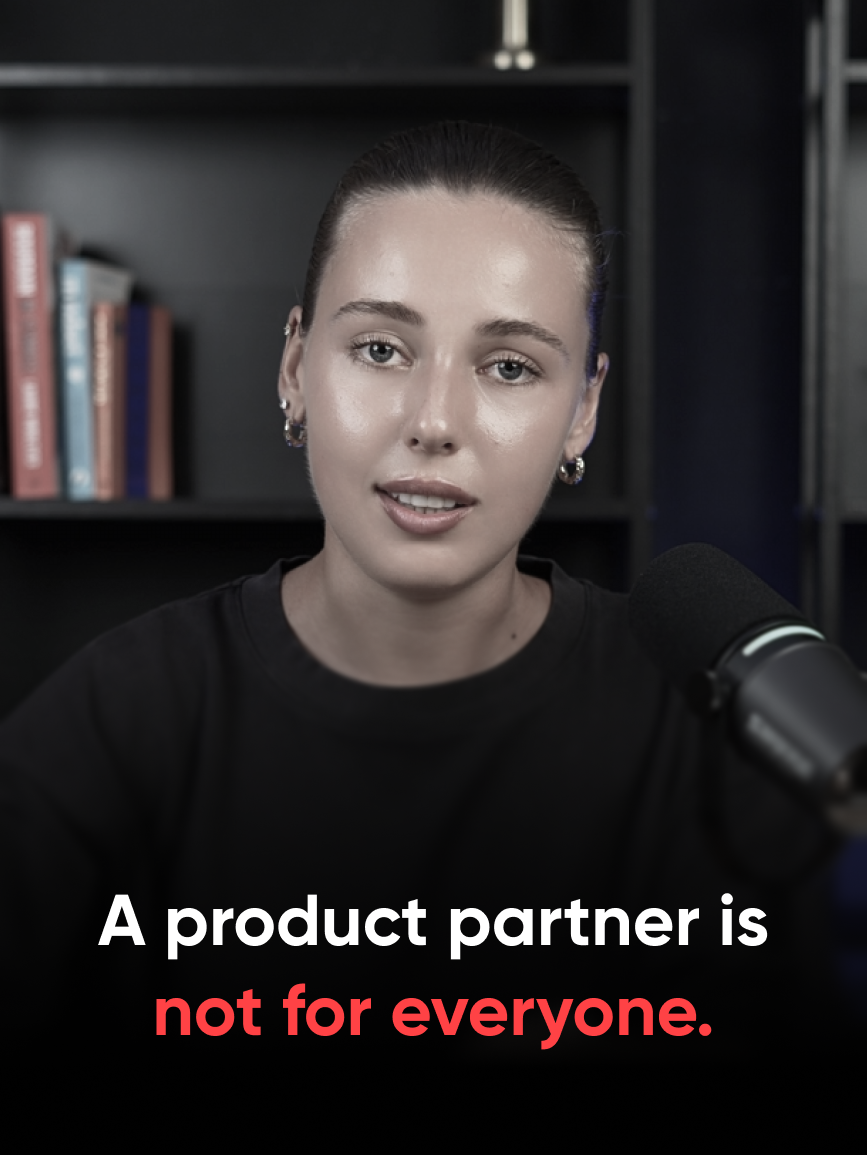 Valeria from Reliqio at a podcast microphone, with the title "A product partner is not for everyone."