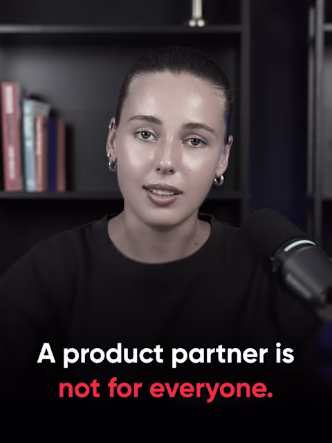 Valeria from Reliqio at a podcast microphone, with the title "A product partner is not for everyone."