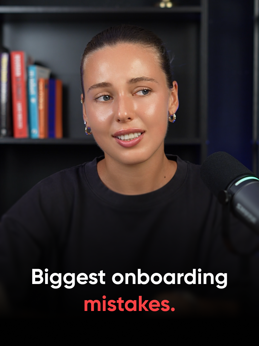Valeria from Reliqio at a podcast microphone, with the title "Biggest onboarding mistakes."