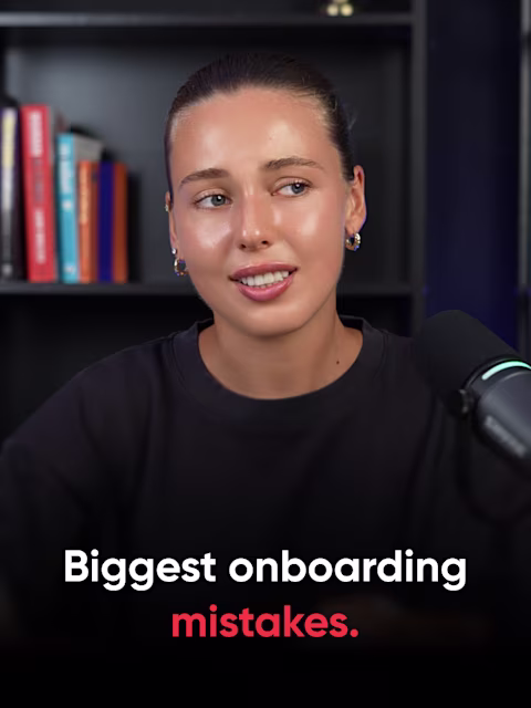 Valeria from Reliqio at a podcast microphone, with the title "Biggest onboarding mistakes."