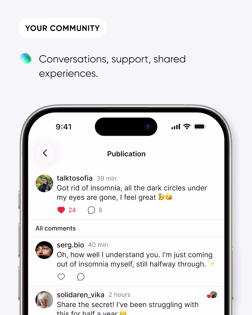 Your community: conversations, support, and shared experiences, shown as a thread in Mira’s community feed.