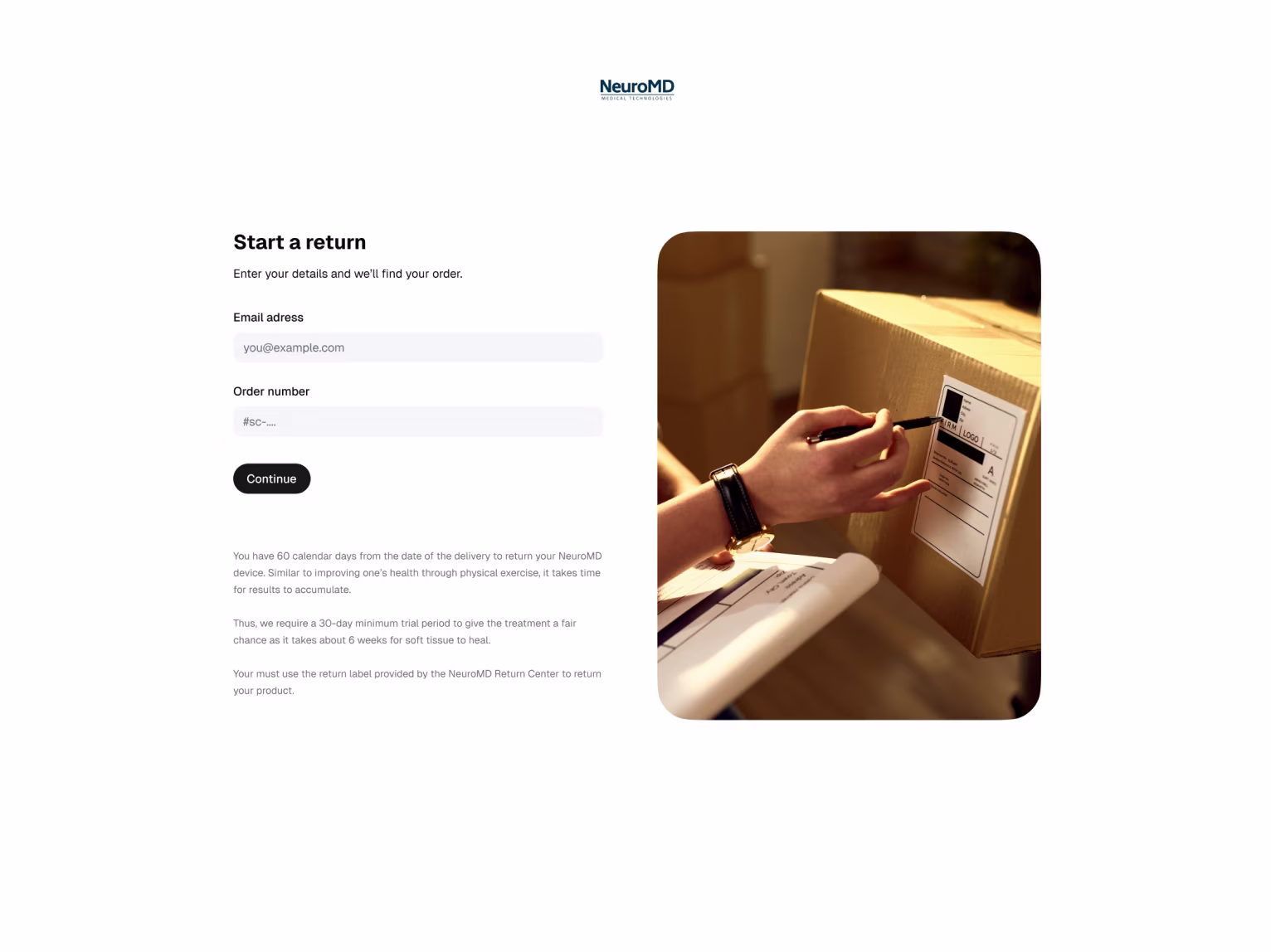 Scaleside customer returns portal: start a return by email and order number.