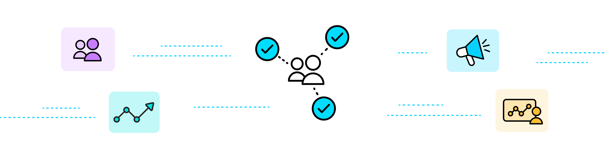 A graphic illustration of themes supporting the Assists dashboard.