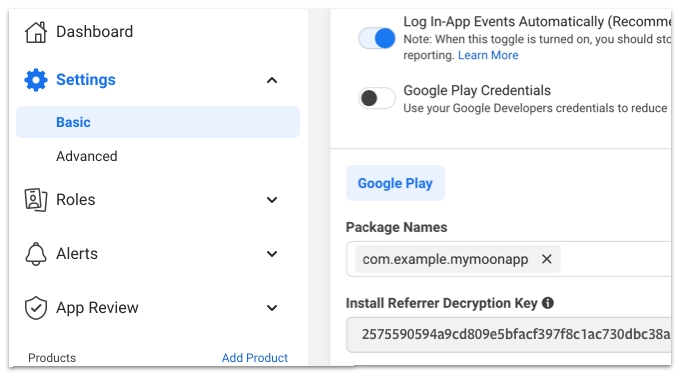 A screenshot from Meta's App Dashboard that shows where to find your Decryption Key. Refer to the textual instructions above.