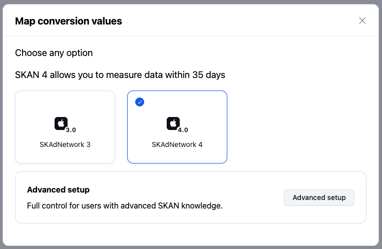 SKAN 4 매핑 옵션을 선택한 Conversion Hub 스크린샷