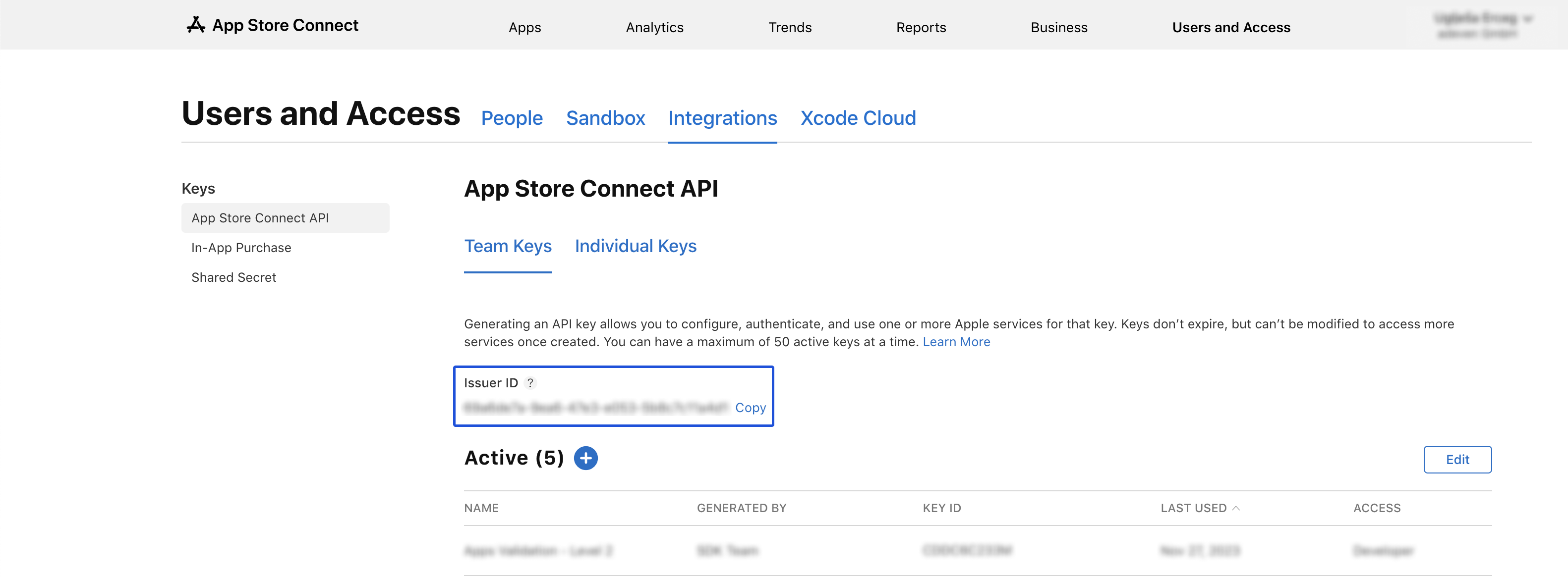 A screenshot showing where to find the necessary credentials in App Store Connect.