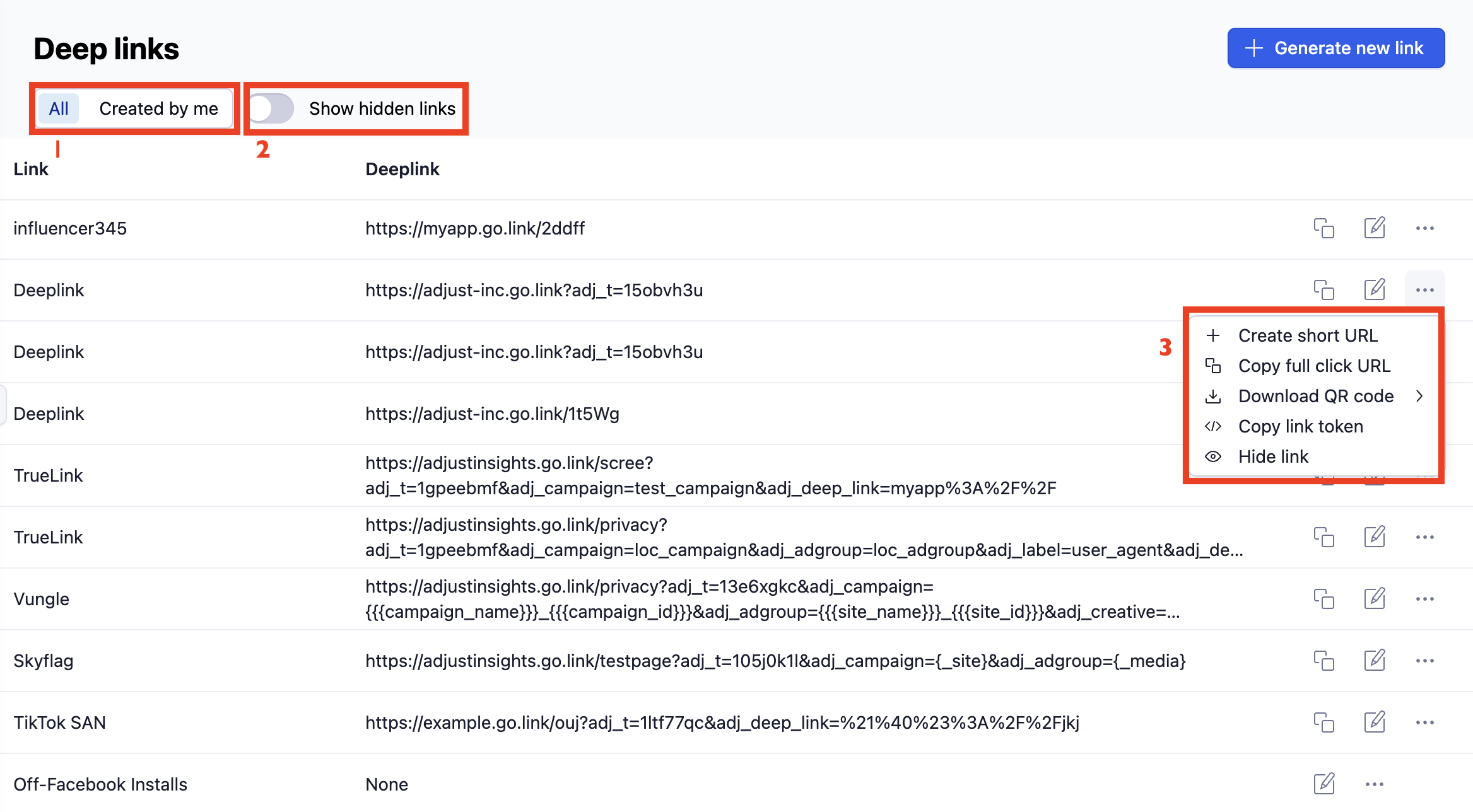Screenshot of the deep link management options
