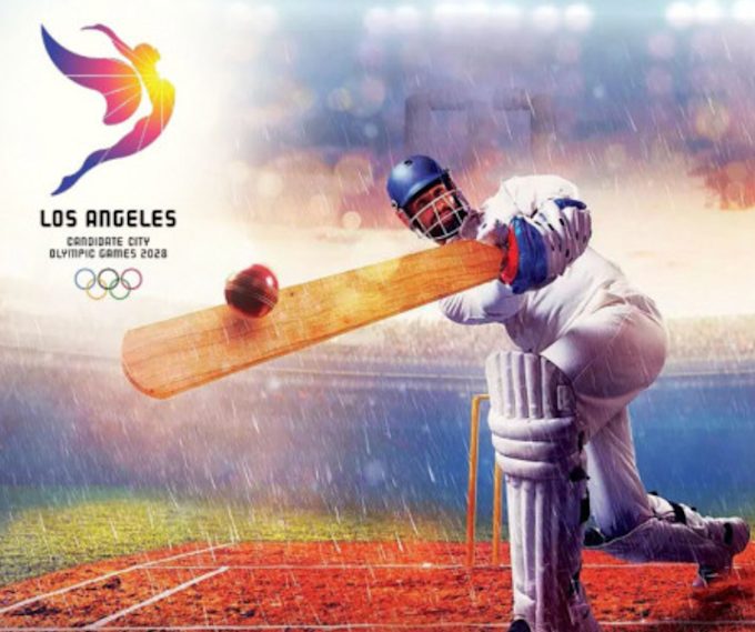 A stylised LA 2028 Olympic rings graphic paired with a cricket bat and ball, evoking cricket's Olympic return