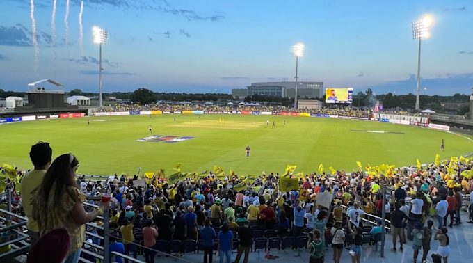 Major League Cricket action at Grand Prairie Stadium in Texas, floodlit evening match