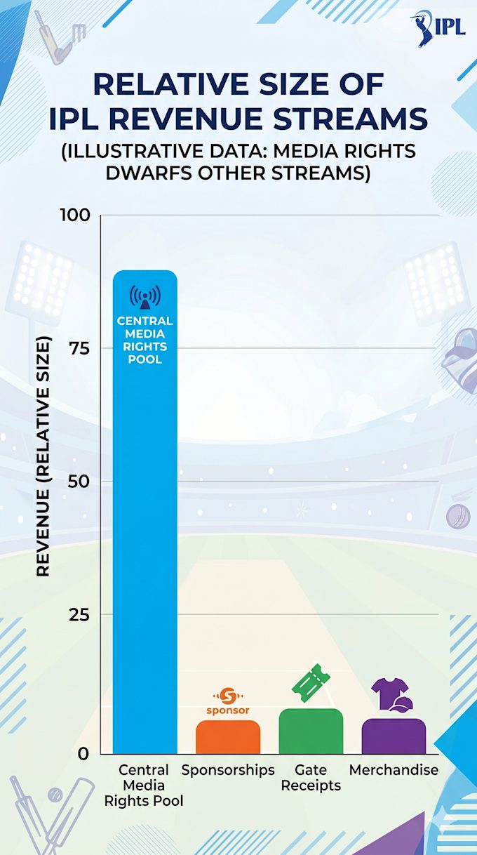 A simplified bar chart graphic showing the relative size of IPL revenue streams: central media rights pool dwarfing sponsorships, gate receipts, and merchandise