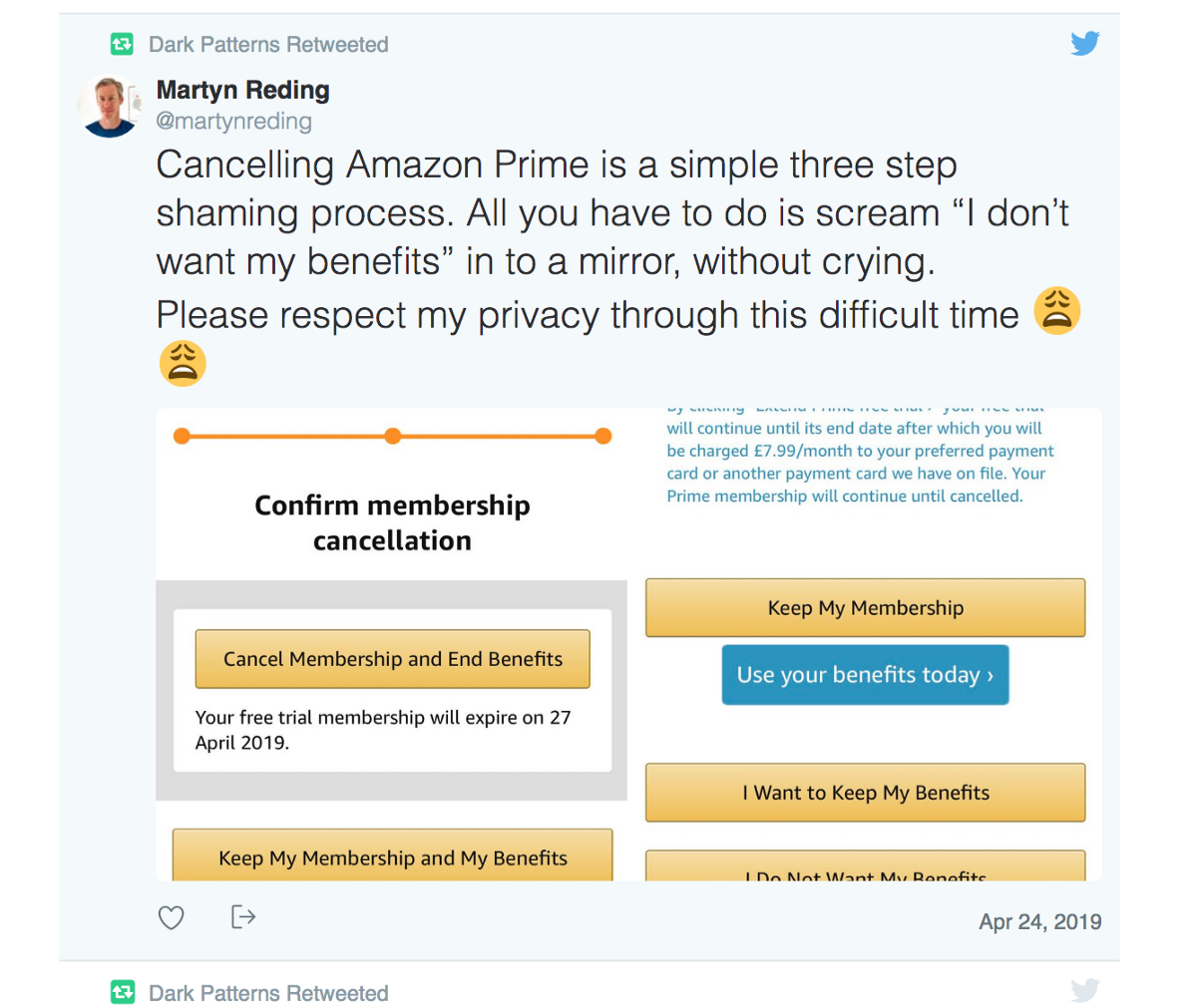 Example of dark patterns at cancellation