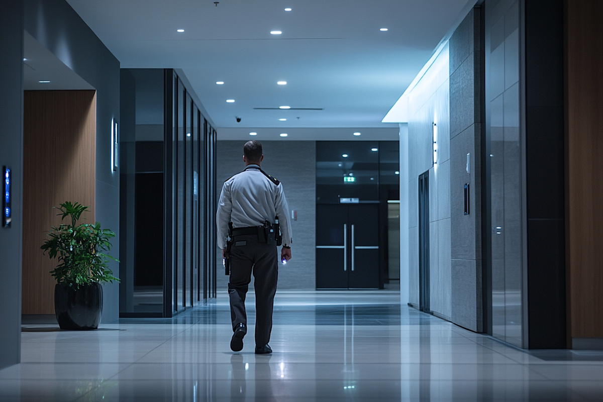 Security guard with a flashlight in a corridor