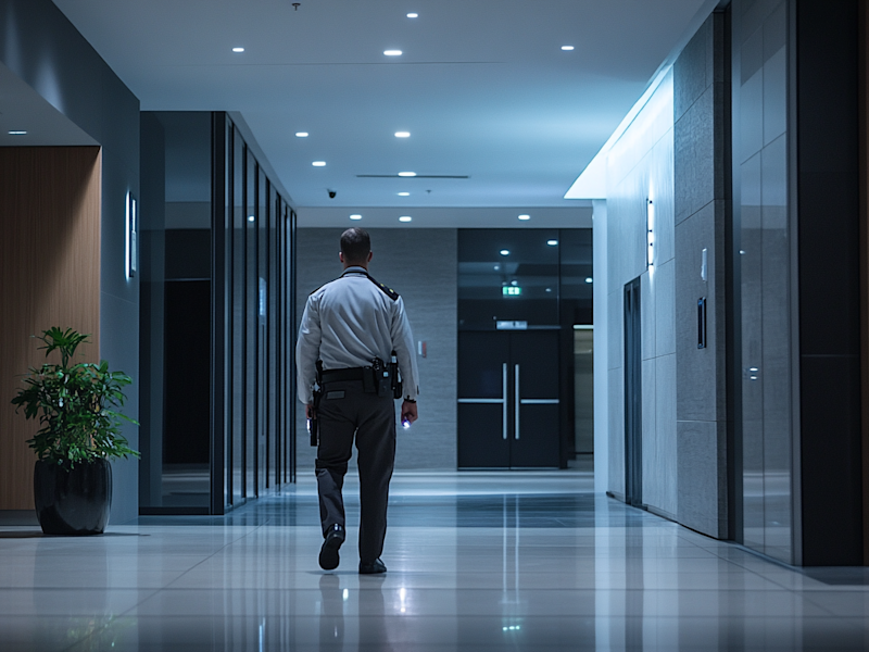 Security guard with a flashlight in a corridor