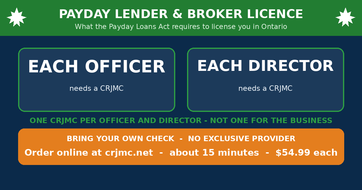 Payday lender and loan broker licence and the CRJMC - Ontario