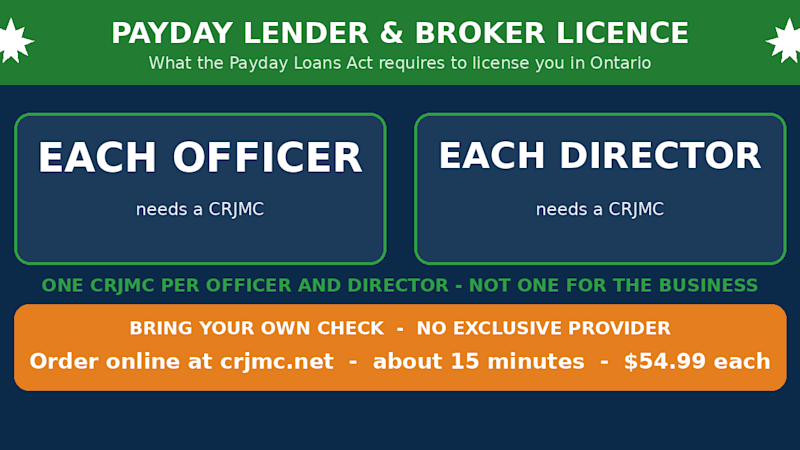 Payday lender and loan broker licence and the CRJMC - Ontario