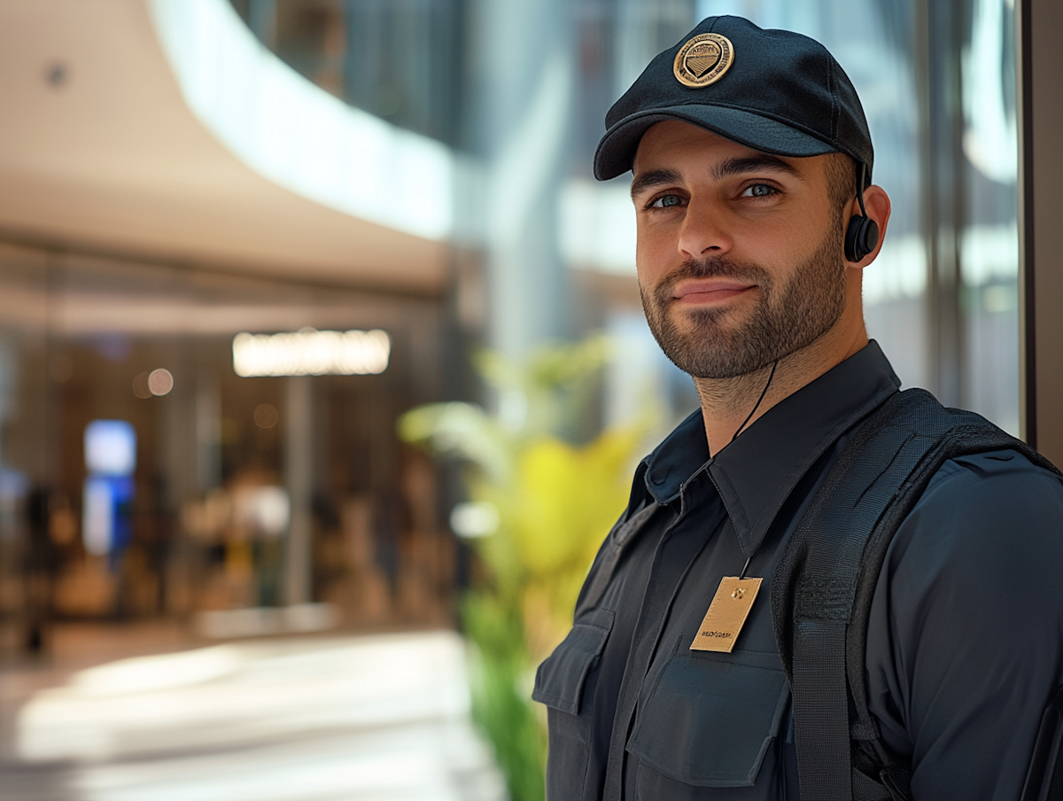 A picture of a smiling security guard with an earpiece, a hat during a patrol