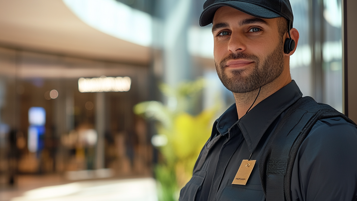 Smiling security on a patrol guard with an earpiece