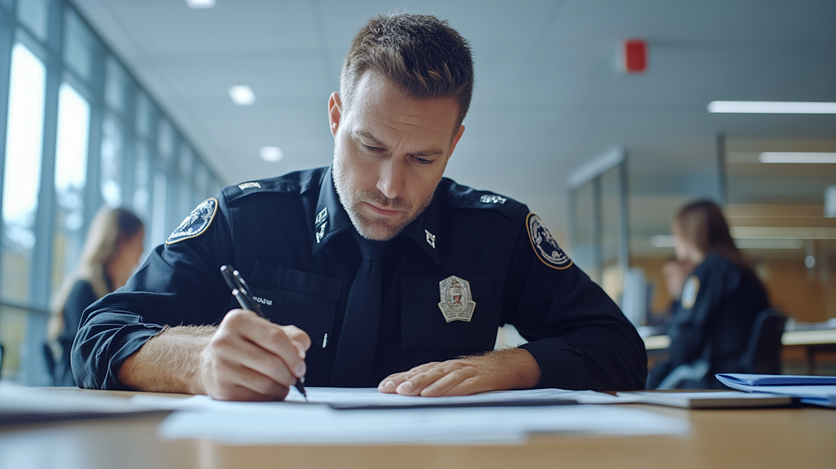 A picture of a security guard filling paperwork