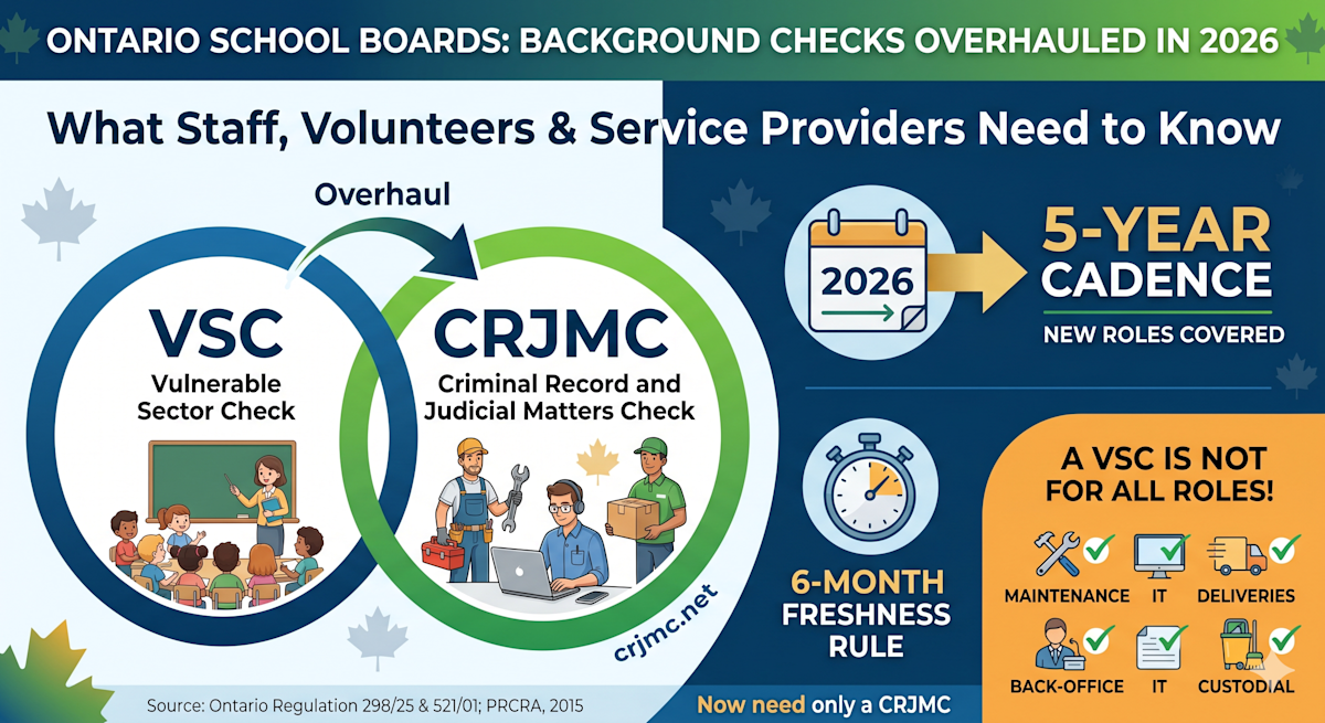 A diagram explaining the 2026 update for Ontario school board police checks, illustrating the difference between VSC and CRJMC.