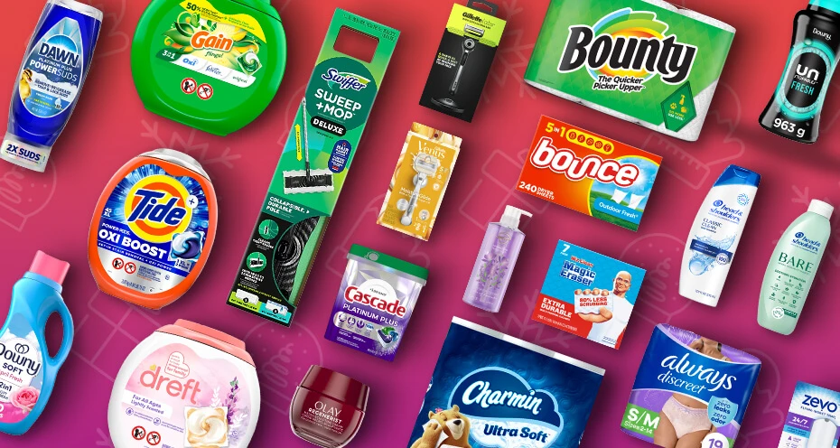 P&G household and personal care products including Tide, Bounty, Cascade, Dawn, Charmin, Always, and Bounce displayed on a colorful background.