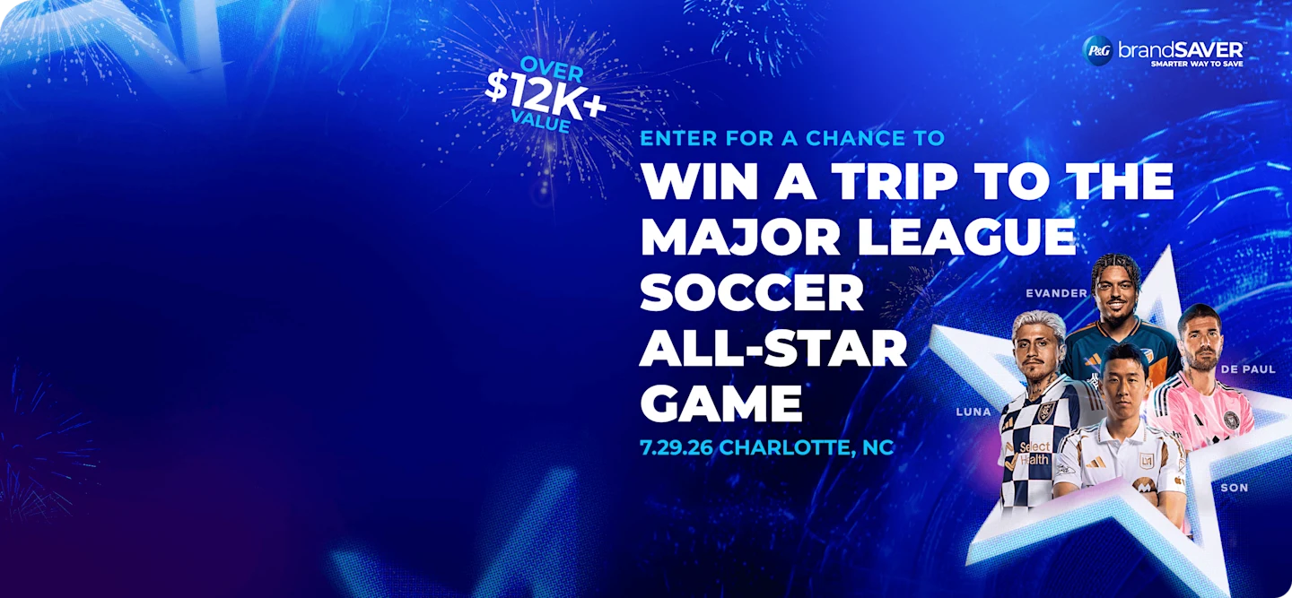 Promotional banner announcing a Major League Soccer All‑Star Game P&G brandSAVER sweepstakes to win a trip to Charlotte, NC and prizes worth over $12,000
