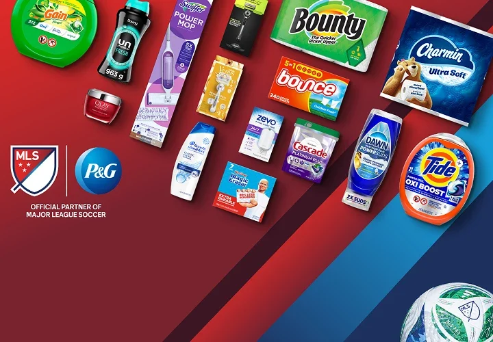 Major League Soccer and P&G-themed flat lay of P&G product images including a soccer ball.