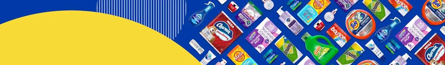 A collection of P&G products including Tide Hygienic Clean, Downy Unstopables, Cascade Platinum Plus, Dawn Platinum, and Venus Intimate Grooming products.