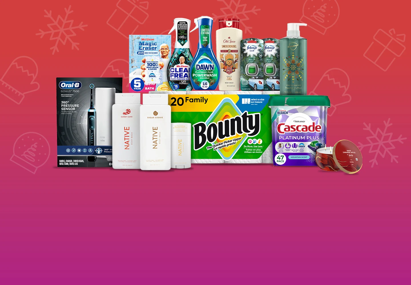An assortment of consumer packaged goods for household cleaning and personal care on a red background, featuring brands like Bounty paper towels, Native body wash, Oral-B toothbrush, Dawn dish soap, and Cascade dishwasher pods.