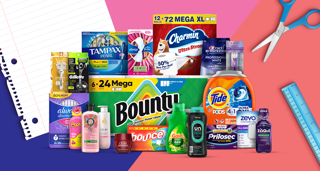 Rebate Brands including Tide, Downy, Gain, Bounce, Bounty, Charmin, Olay Skin, Olay Body, Always, Always Discreet, Tampax, Herbal Essences, Gillette Shave, Crest Whitestrips, Crest Toothpaste, Prilosec, Pepto Bismol, Zzzquil, Zevo.
