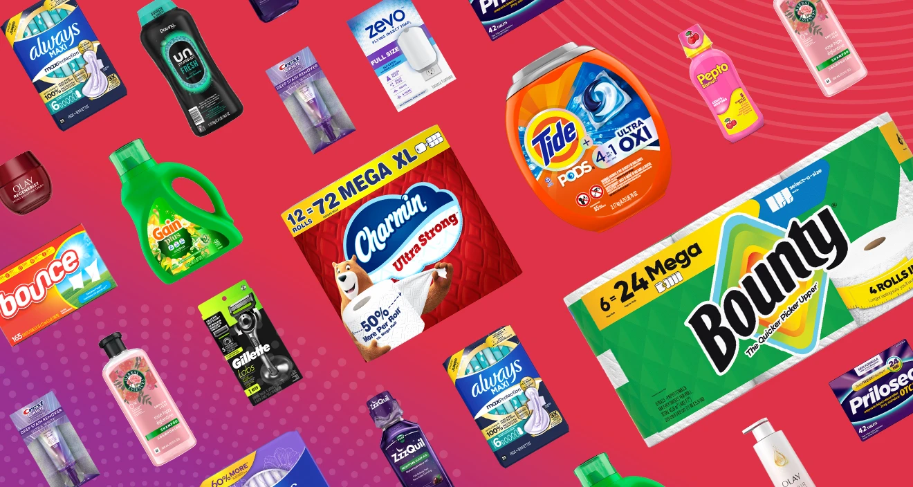 New P&G brandSAVER™ holiday rebate featuring brands like Charmin, Bounty, Tide and more.Text reads ‘get $25 back when you spend $75, $15 back when you spend $50 or $5 back when you spend $20’ on a vibrant blue background.