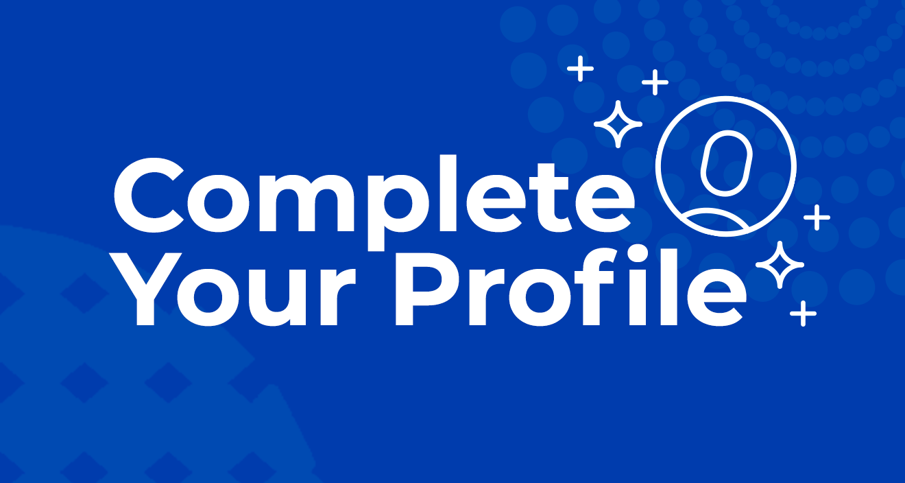Dark blue background with white sparkles and person icon illustrations. Complete your profile.