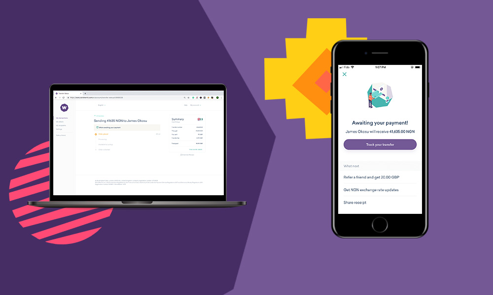 laptop and an iphone showing Worldremit transaction history on a purple background with colourful objects placed behind the devices“A