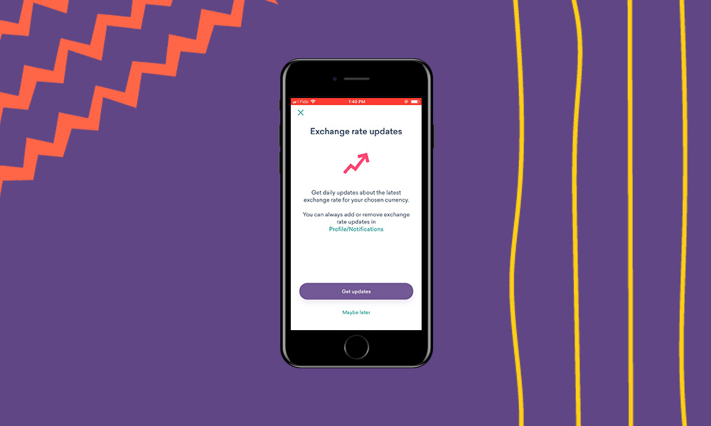 iphone on an purple background showing a worldremit screenshot with exchange rate updates“A