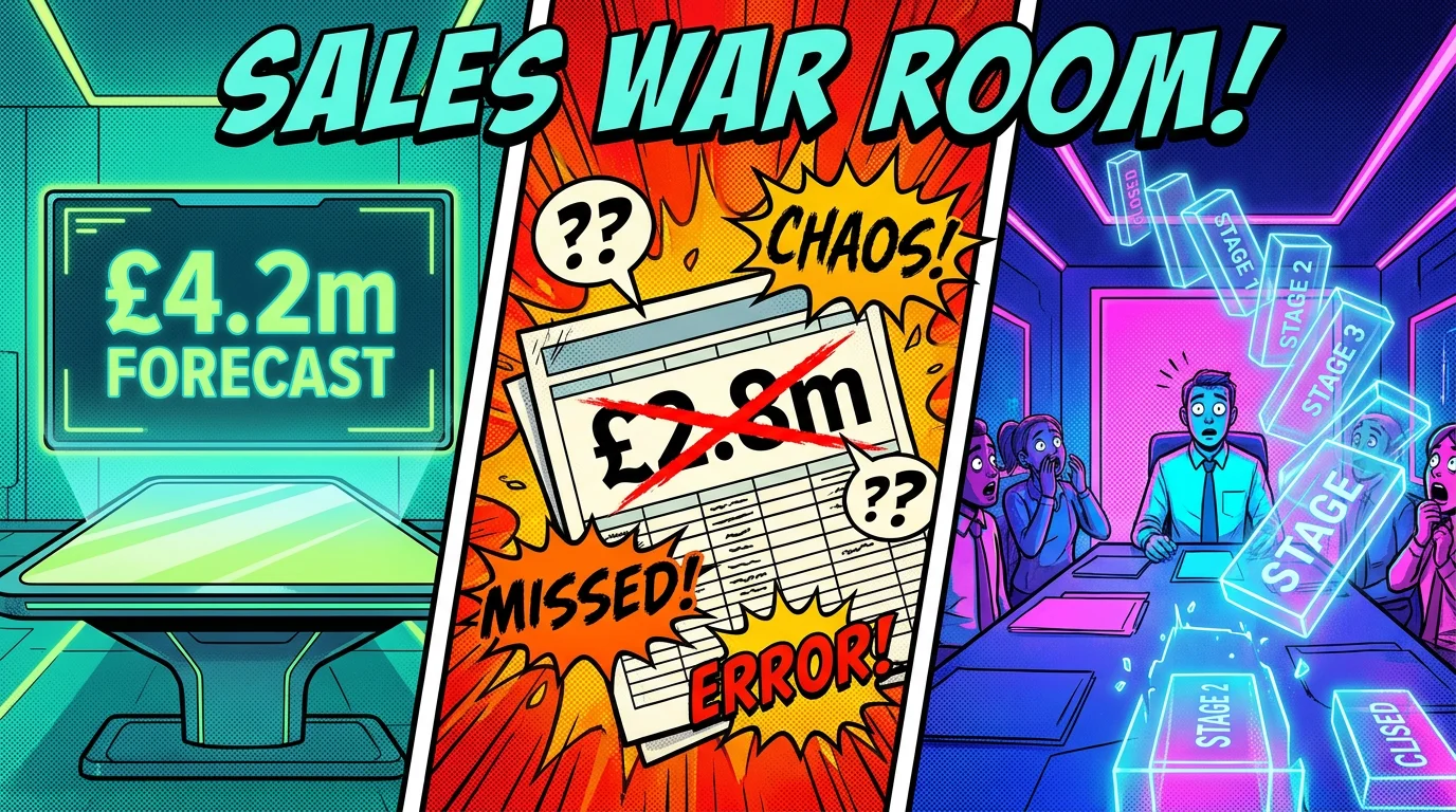 Collage of three illustrations: a forecast sign, a speech bubble saying "SALES WAR ROOM!" and a chaotic meeting scene with ne