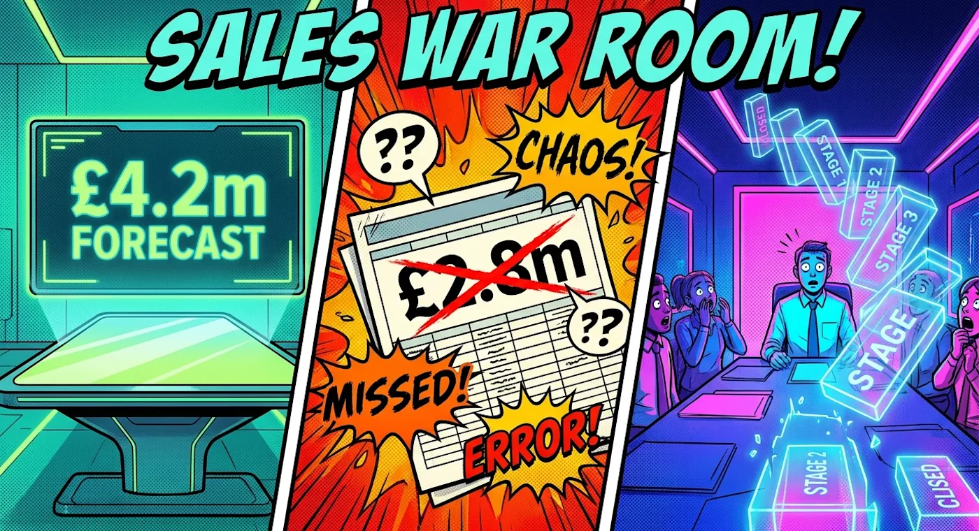 Collage of three illustrations: a forecast sign, a speech bubble saying "SALES WAR ROOM!" and a chaotic meeting scene with ne