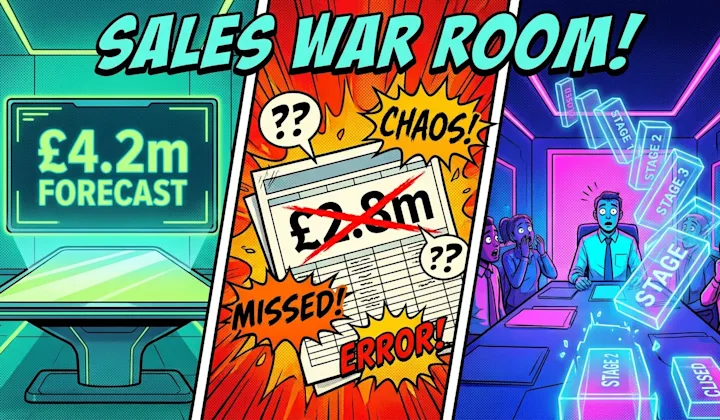 Collage of three illustrations: a forecast sign, a speech bubble saying "SALES WAR ROOM!" and a chaotic meeting scene with ne