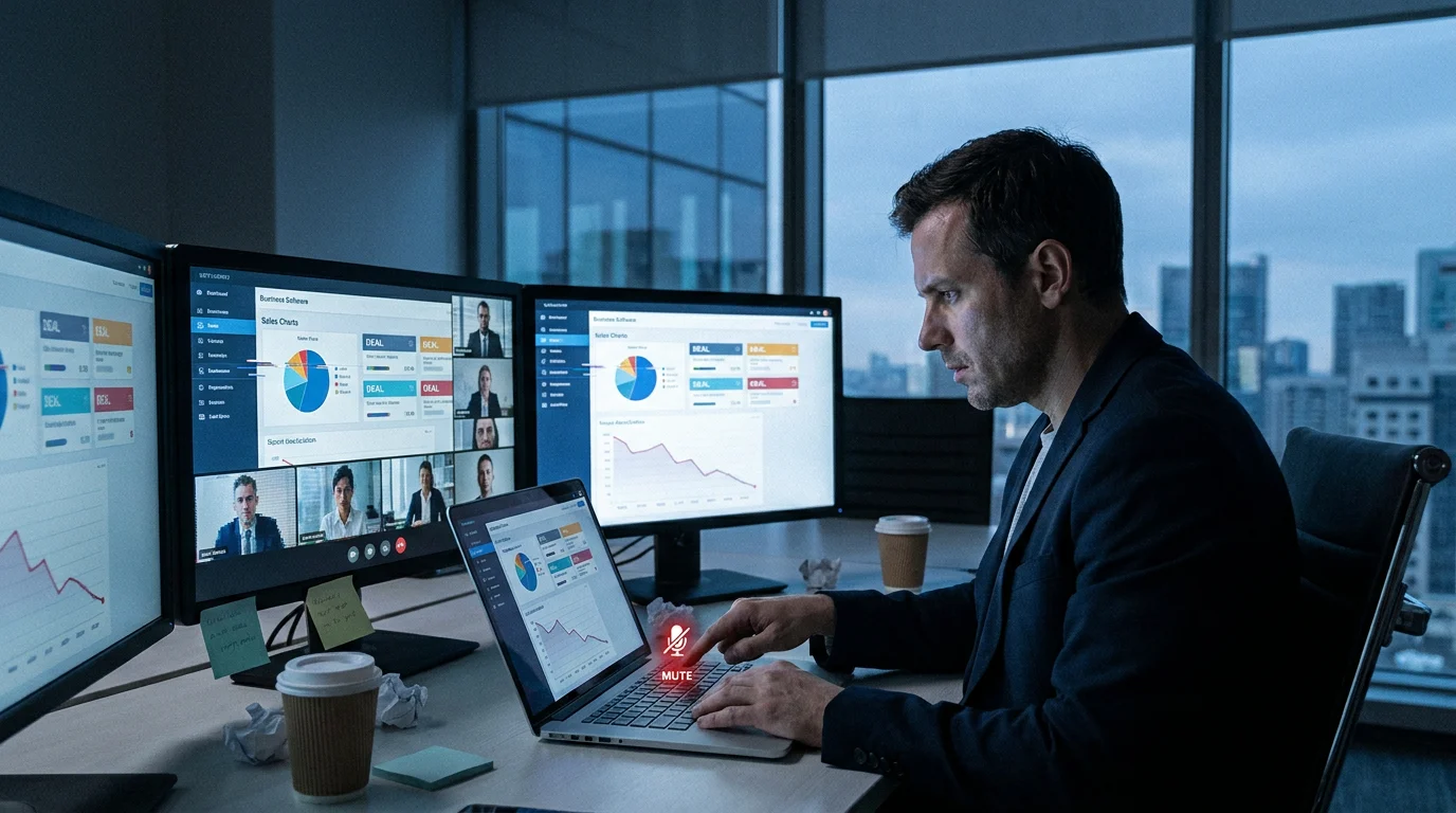 A man in a dark suit sits at a desk with three monitors displaying graphs, focused on work with a laptop and coffee cups near