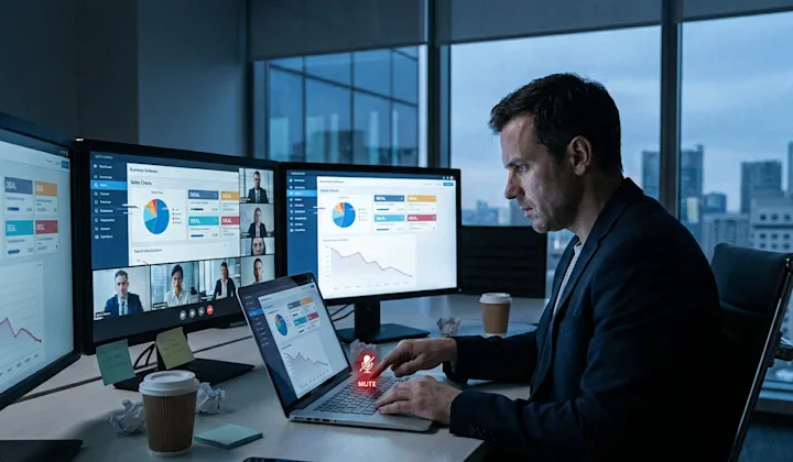 A man in a dark suit sits at a desk with three monitors displaying graphs, focused on work with a laptop and coffee cups near
