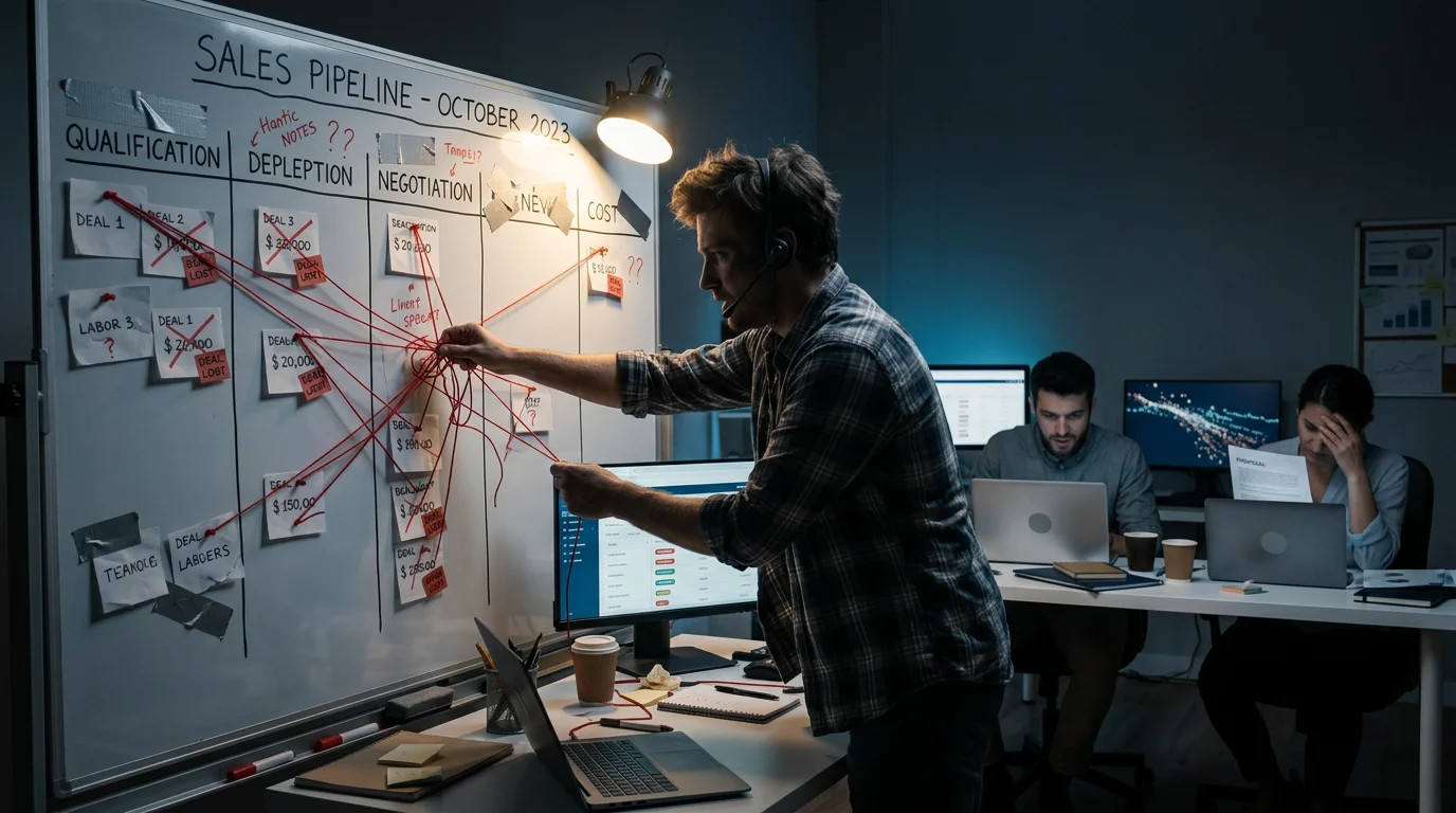 A man in a headset stands by a whiteboard with tasks like "Qualification" and "Negotiation," while three colleagues work at d